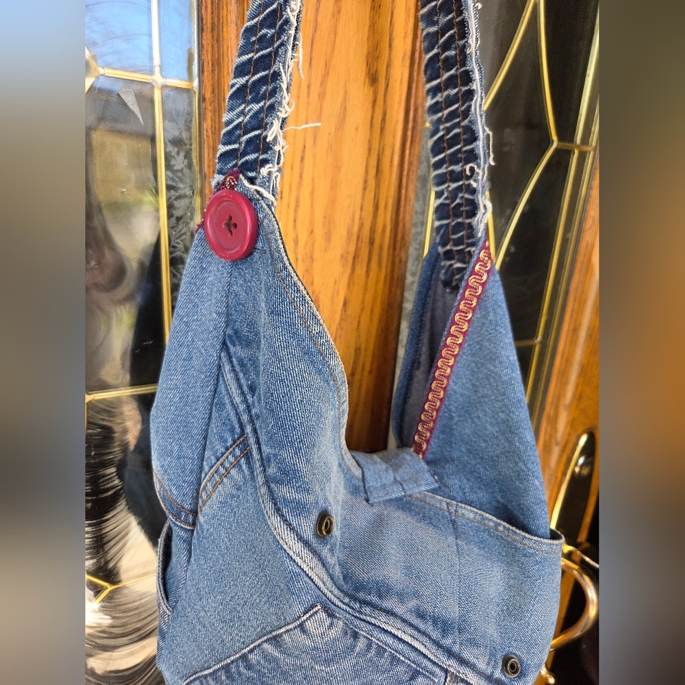 Denim Hobo Bag with Embroidered Trim - Blue - Picture 5 of 14